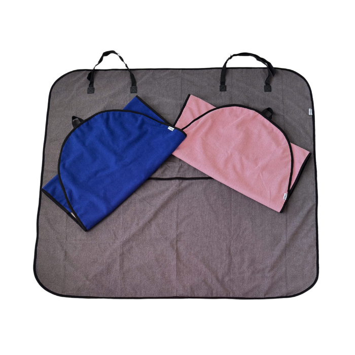 Car seat towel trio, flatlay front, grey, pink, blue