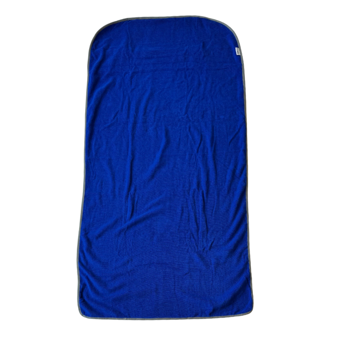 Blue grey gym towel flatlay - front view with zip pocket
