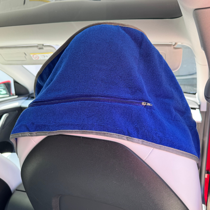Blue grey hooded gym towel in car