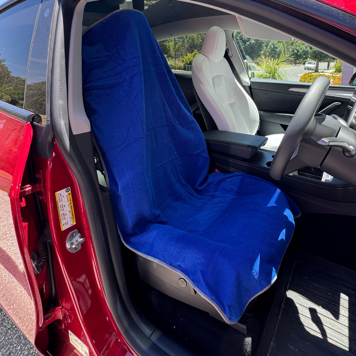 Blue grey gym towel in car