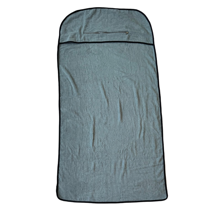 Grey gym towel flatlay - back view