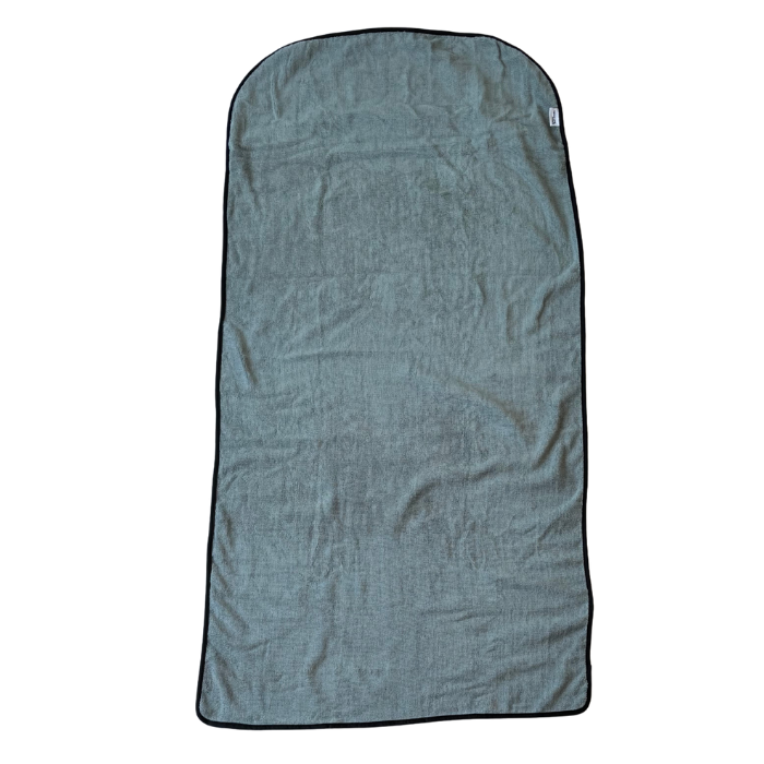 Grey gym towel flatlay - front view with zip pocket
